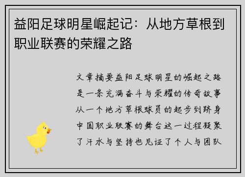 益阳足球明星崛起记：从地方草根到职业联赛的荣耀之路